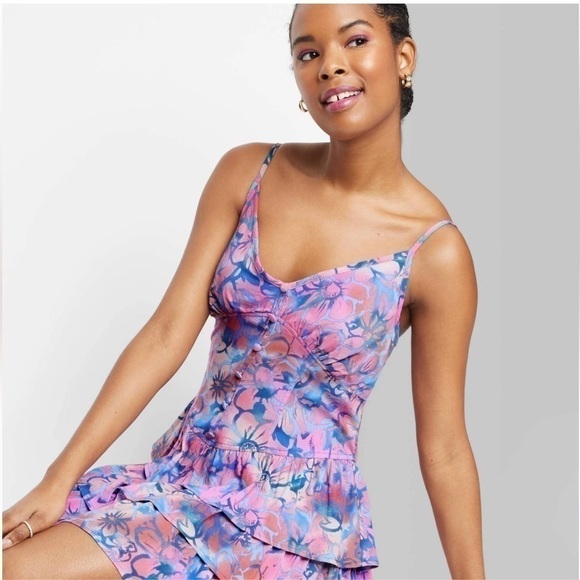 NWT! Wild Fable Corset Sleeveless Tiered Fit & Flare Dress Pink Blue Flowers XXL - Picture 1 of 16